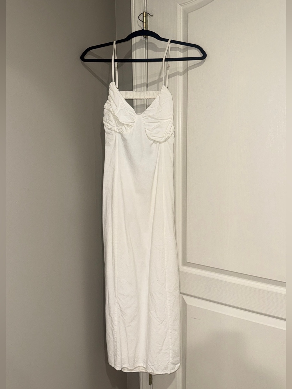 Spaghetti-Strap Midi Dress with Ruched Bust